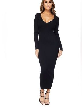 Hera Collection Black Ribbed Long-Sleeve Midi Dress